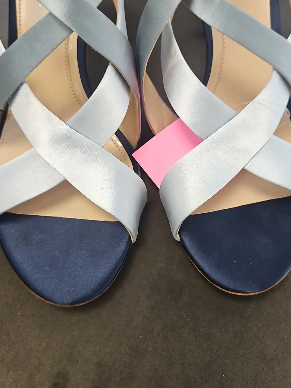 Size 8.5 Ice Blue Combo w/ Navy Satin Strappy 3.25" Heels, Vince Camuto - Picture 5 of 12